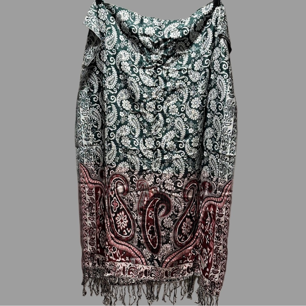 Elegant Shawl in Green & Red Paisley -Versatile Wrap, Scarf, or Veil, Soft Rayon - Picture 13 of 17